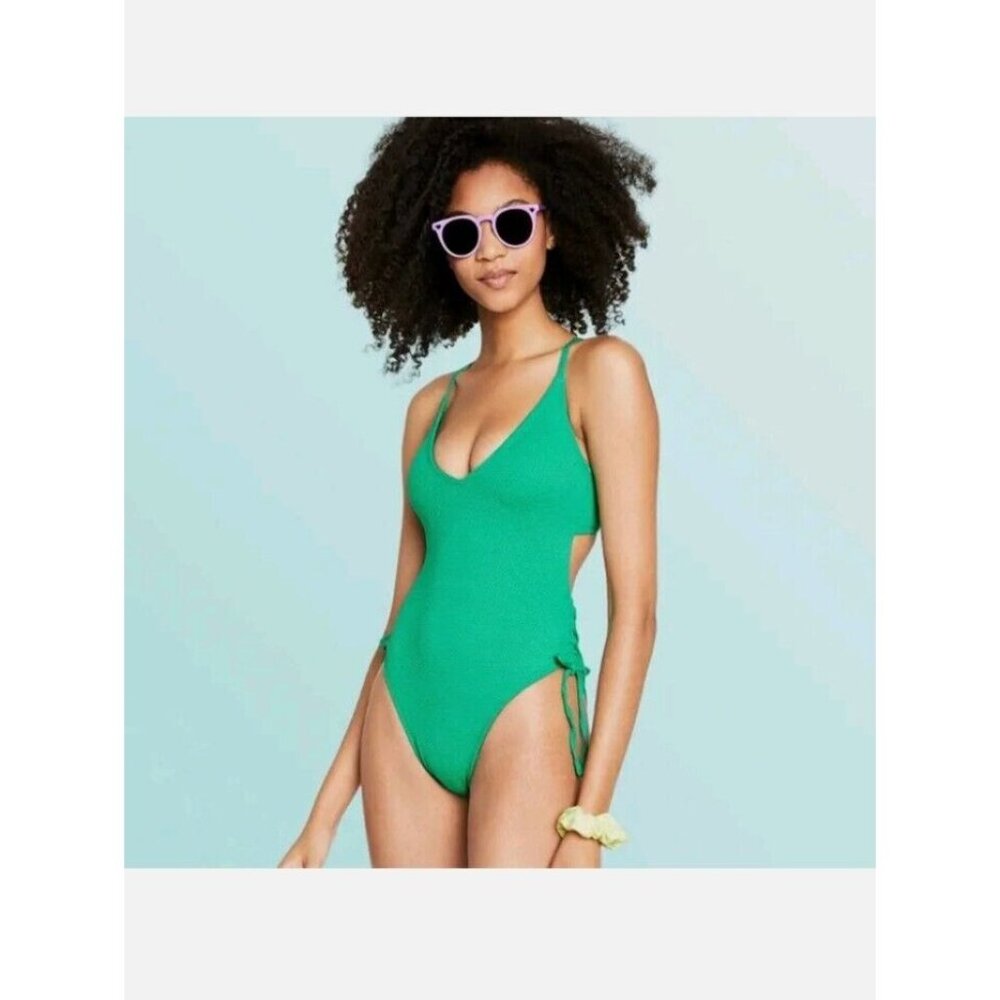 Stoney Clover Ln XXS (00) Deep V-Neck Textured One Piece Green Swim Suit Target